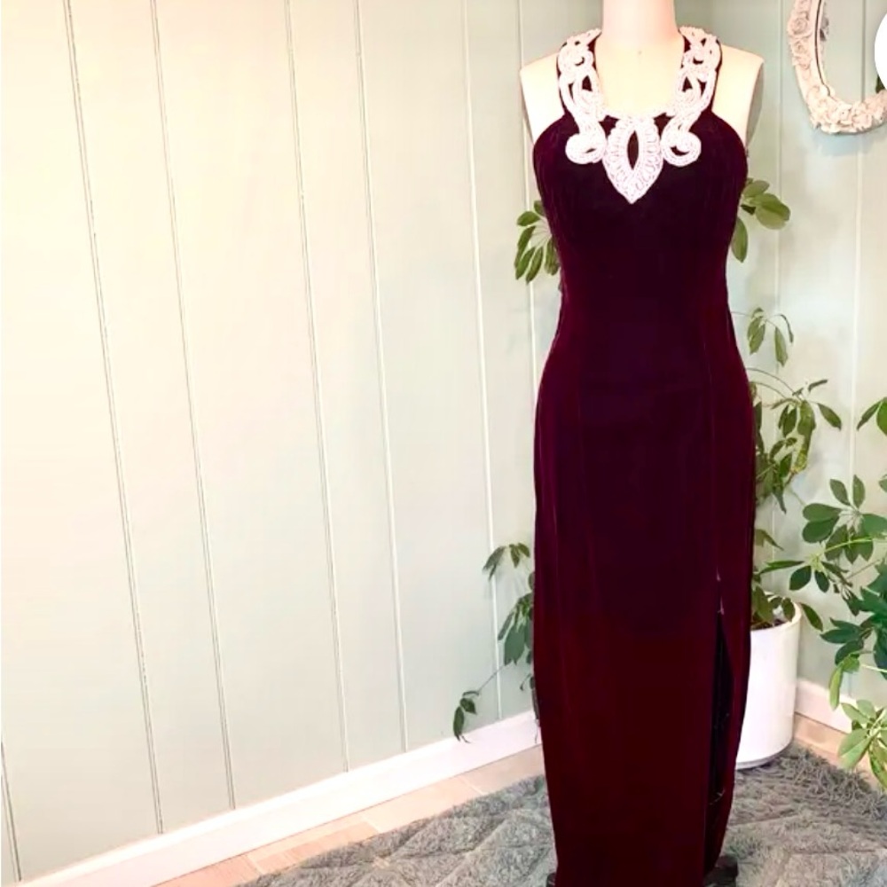 Jessica McClintock Burgundy Dress and Pearl Accents.